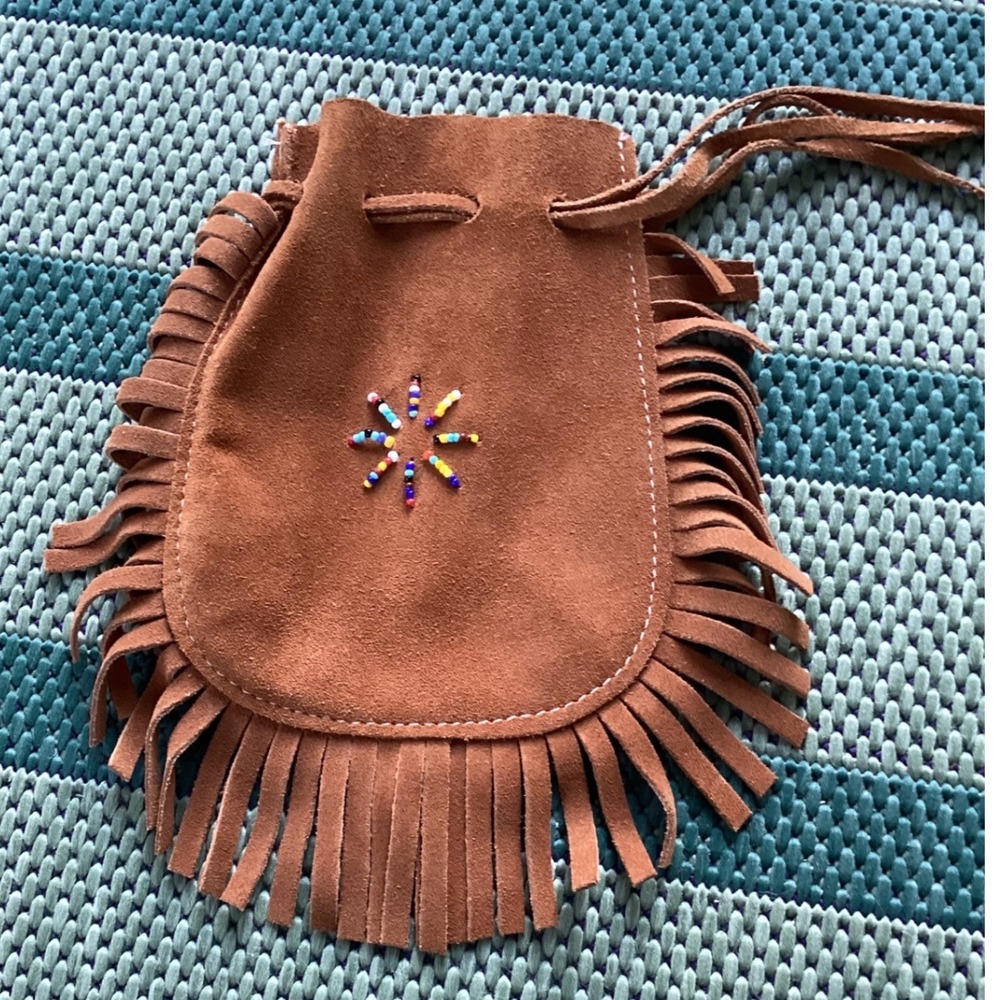 Brown Suede Fringe Drawstring Pouch Beaded Starburst Crossbody Bag Boho Western